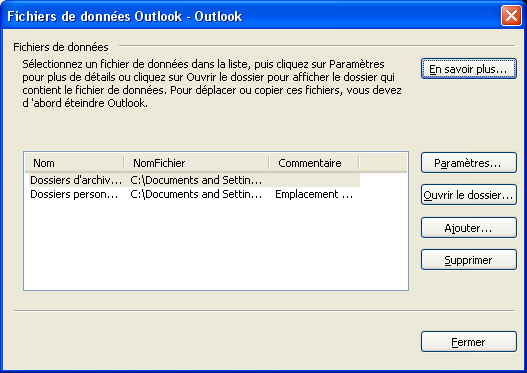 Fichiers de donn&eacute;es Outlook